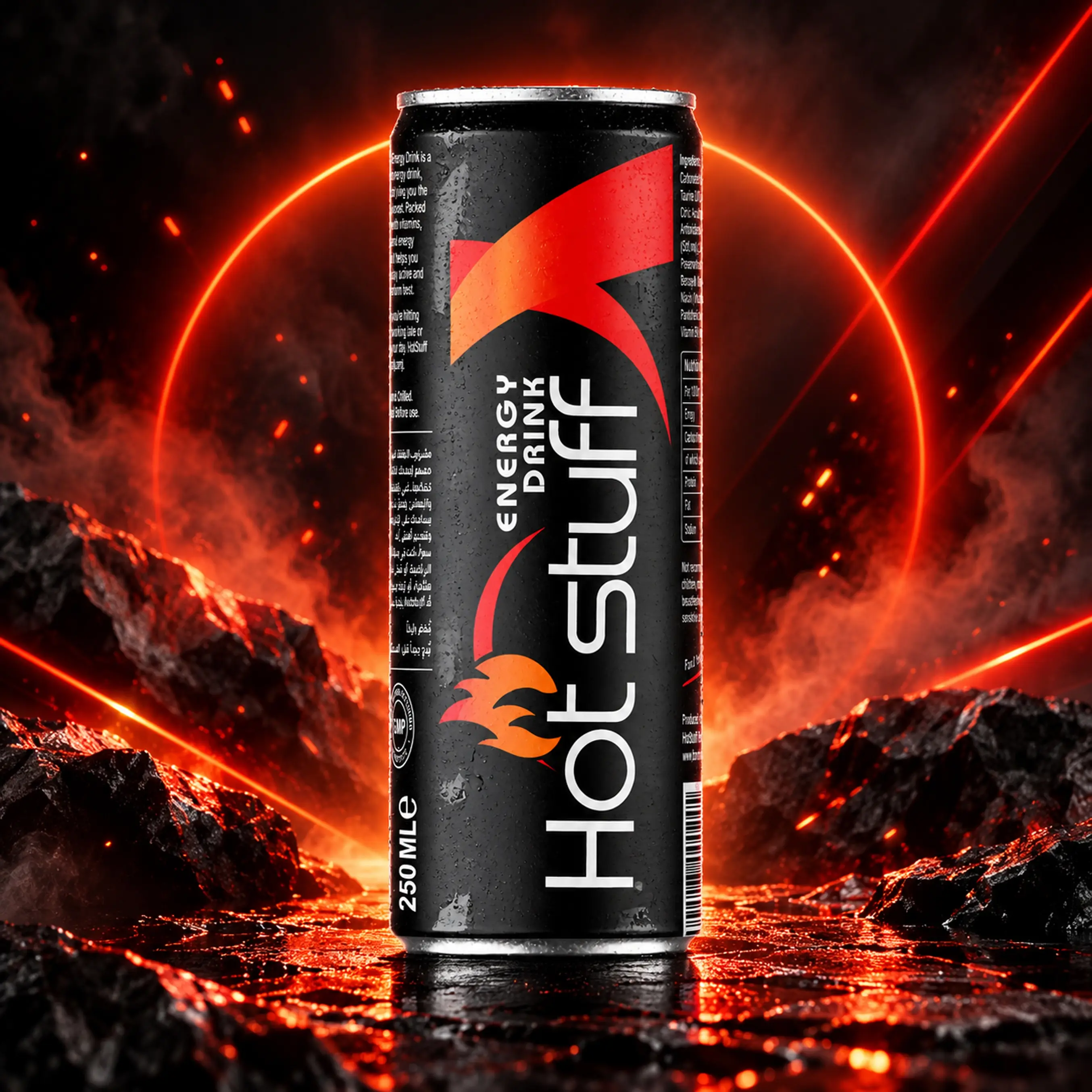 Hot Stuff energy drink can with black and red branding, ice cubes, water droplets and smoky red background.
